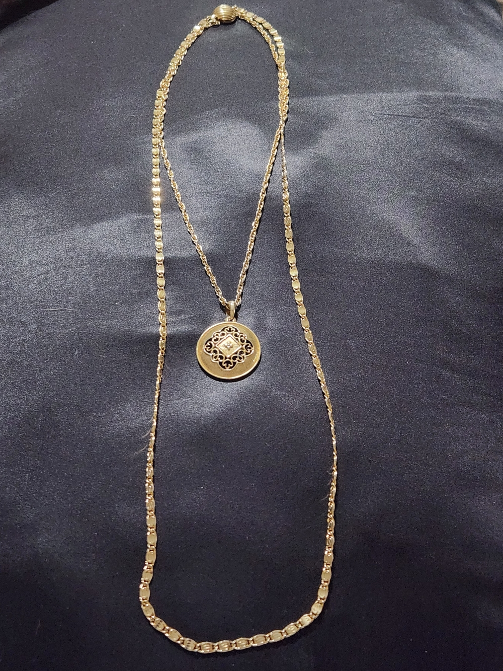 ​Vintage Gold Tone Double Strand Layered Pendant Necklace | Intricate Medallion